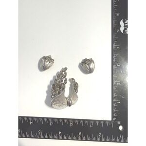 BSK Vintage Silver Tone Smoky Grey Rhinestone Brooch and Clip On Earring Set